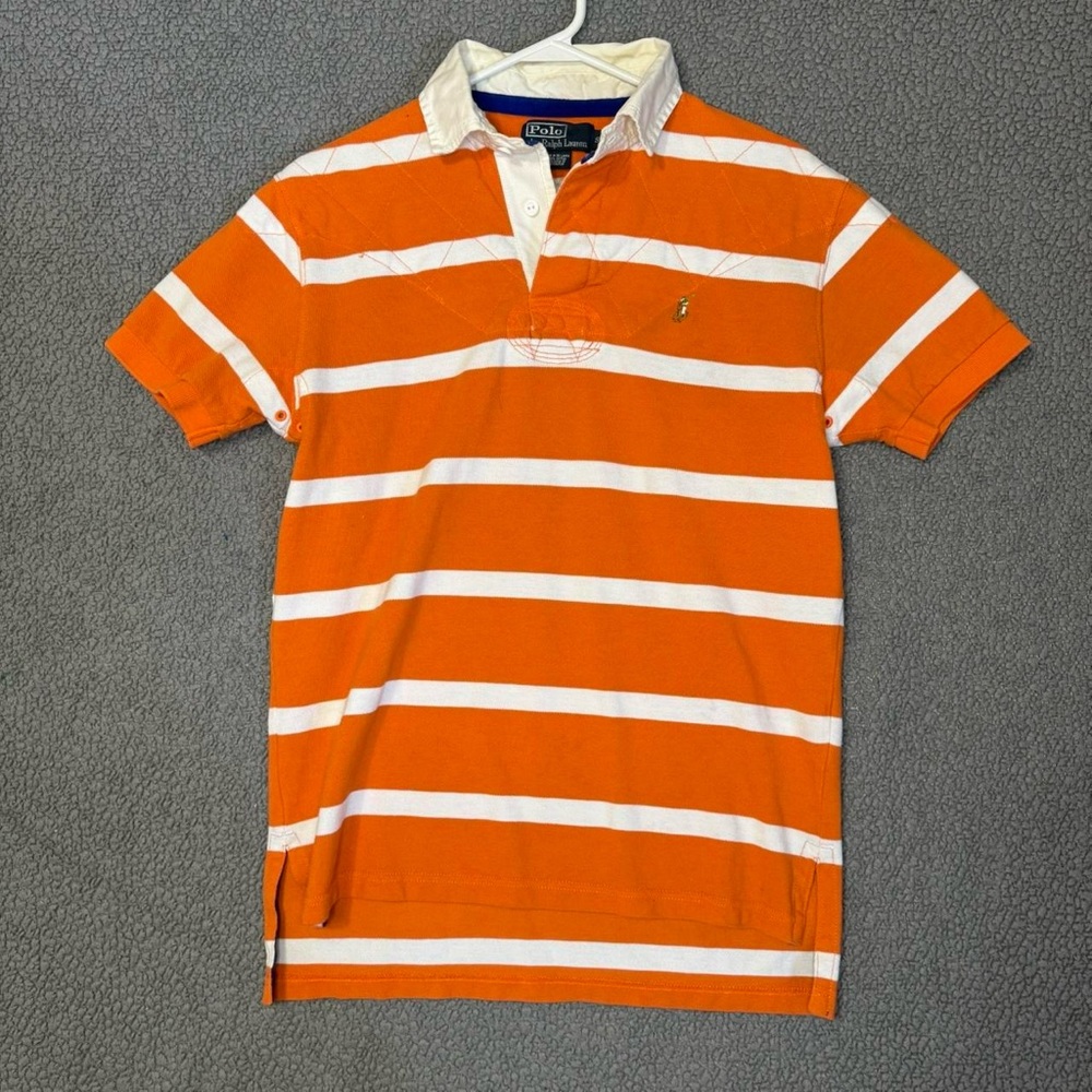 Vintage Ralph Lauren Polo Shirt Mens Small Orange Striped Rugby Heavy Padded